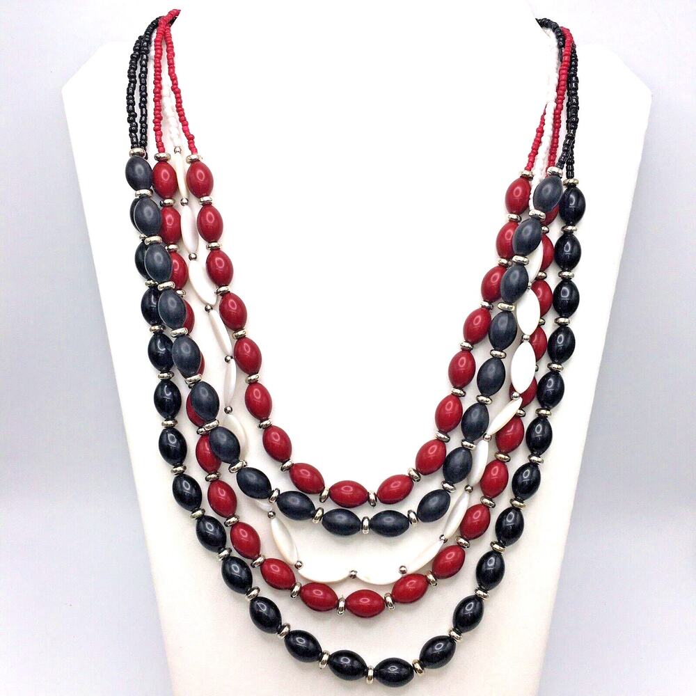 Red Black White Mother of Pearl Glass and Acrylic Beaded Necklace Layered